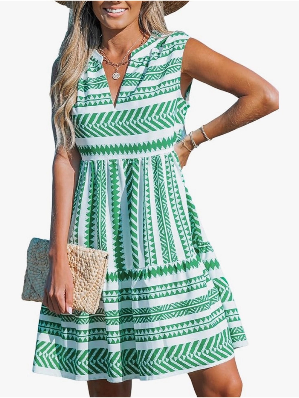 Cupshe Green and White Sleeveless V-Neck Midi Dress